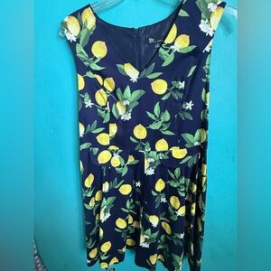 Vibrant Lemon Print Navy Dress